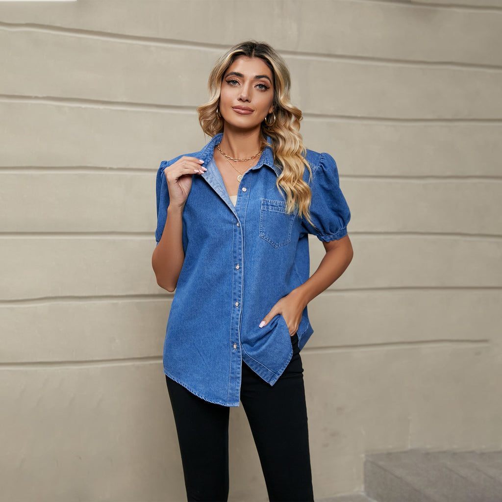Collared Thin Denim Shirt Casual Top Trendy Women