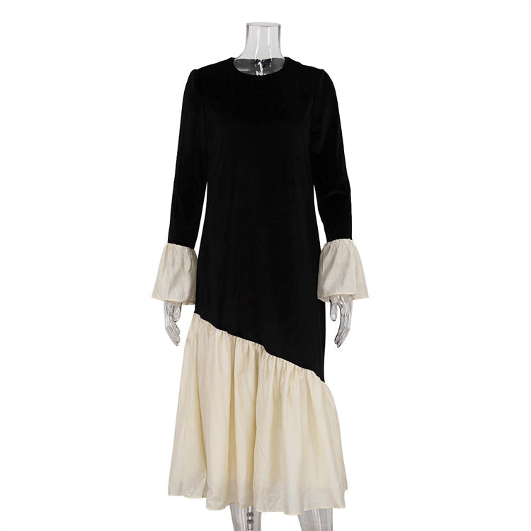 Korean Velvet Autumn French Stitching round Neck Flared Sleeves Dress Loose Maxi Dress Women Clothing