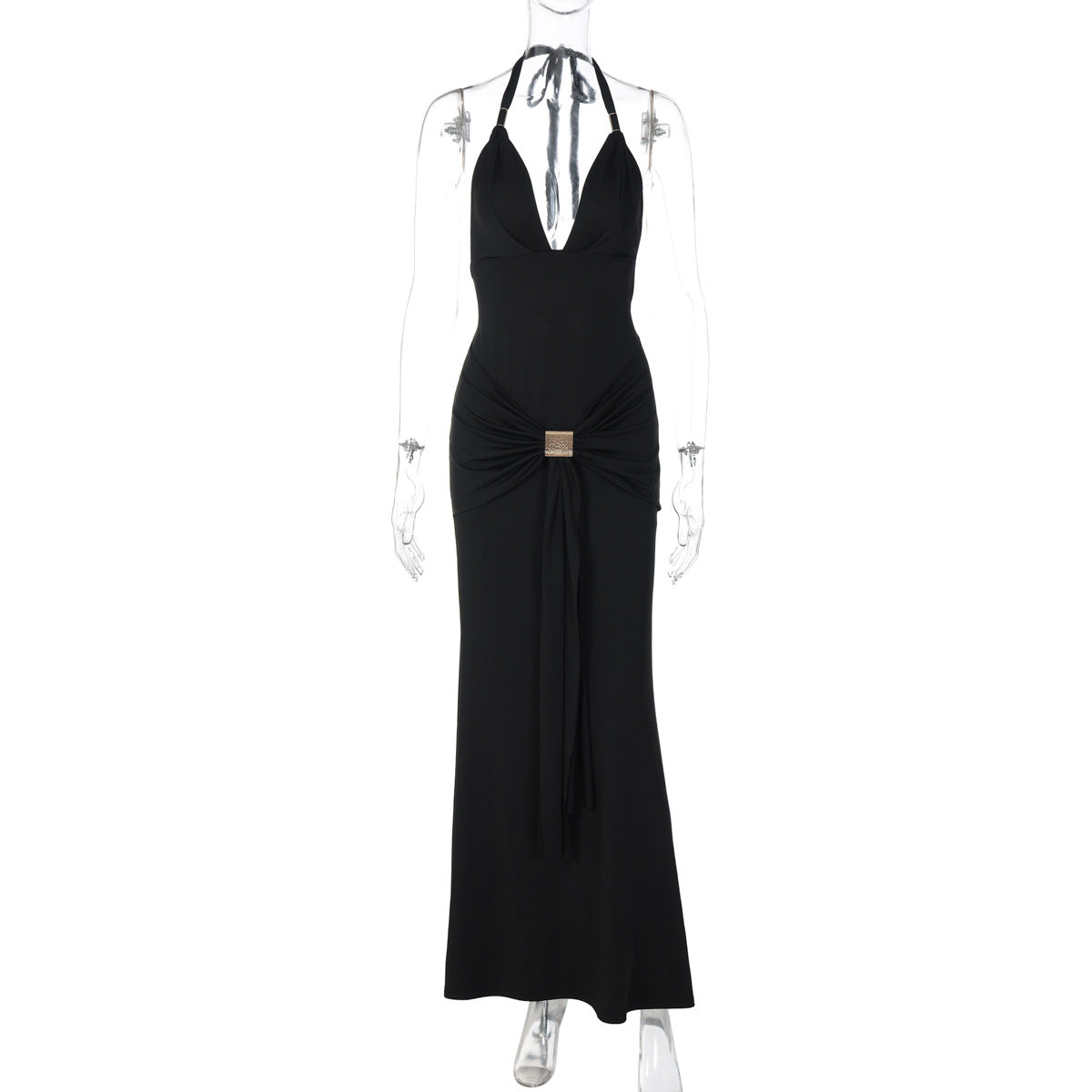 Women Clothing Sexy Deep V Plunge neck Halter Lace up Bare Back Slim Fit Waist Controlled Slimming Dress