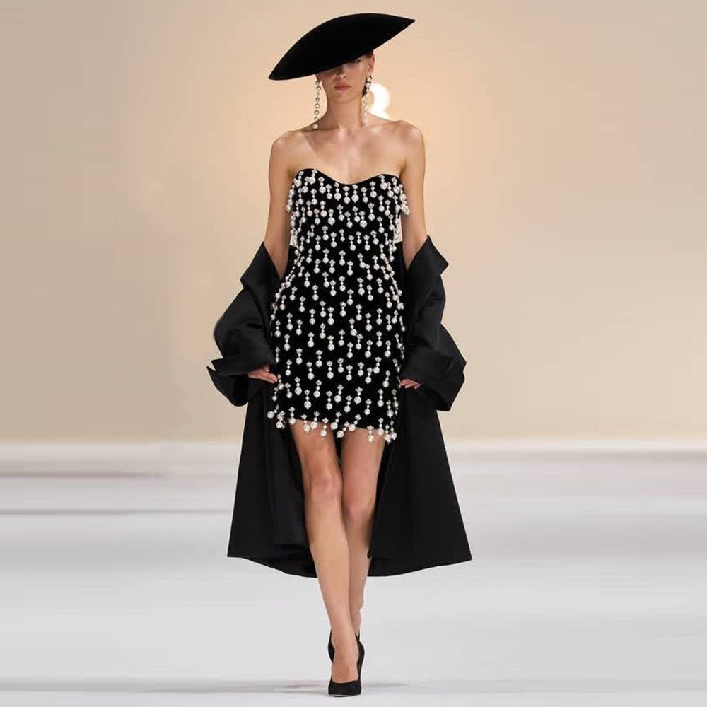 Sexy Tube Top Heavy Industry Beads Tassel Drilling Bandage One Piece Dress Cocktail Party Short Dress