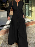 Women Clothing A line Dress round Neck Long Sleeve Zipper Pocket Maxi Dress Simple Elegant