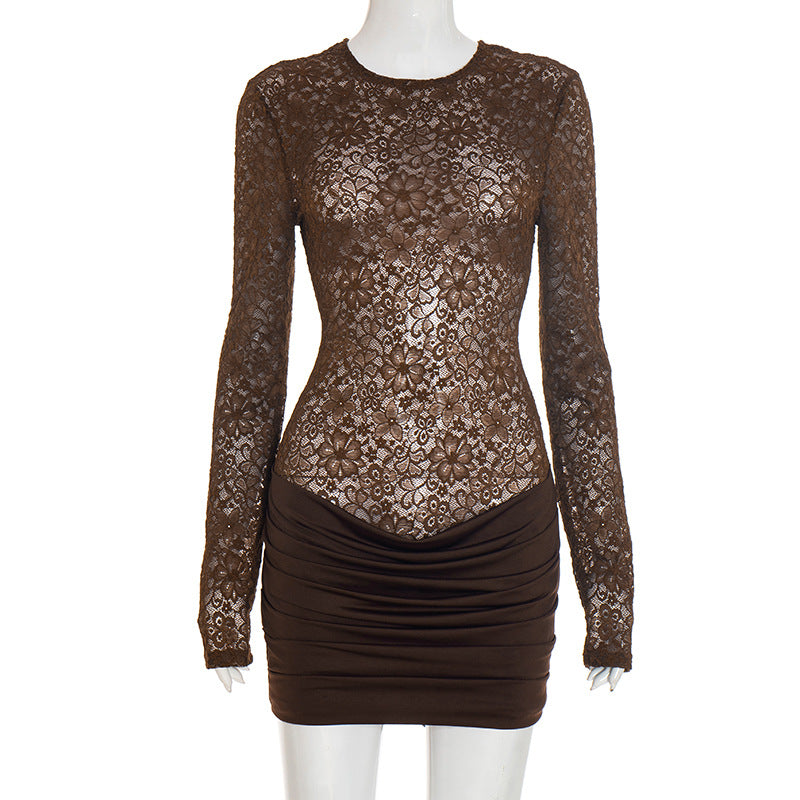 Women Clothing Autumn Solid Color Sexy Slim Lace See through Mesh Long Sleeve Short Dress