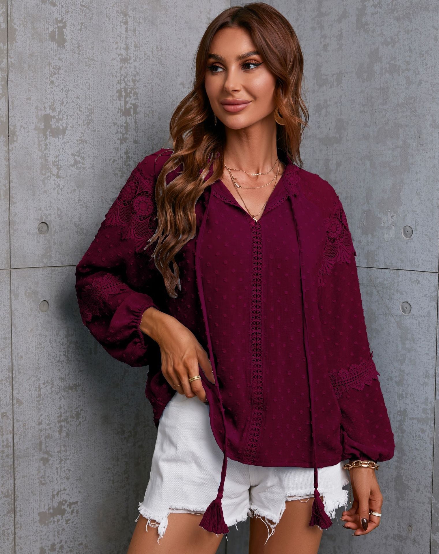 Fall Half-Open Collar Lantern Sleeve Polka Dot Chiffon Stitching Lace Shirt Loose Casual Women Clothing