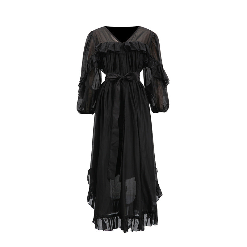 Wooden Ear Design High Waist Tight Waist Solid Color Irregular Asymmetric Maxi Dress Summer Dress