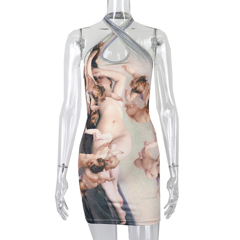 Hip Sexy Fried Street Print Halter Backless Cinched Sleeveless Fashionable Dress