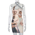 Hip Sexy Fried Street Print Halter Backless Cinched Sleeveless Fashionable Dress