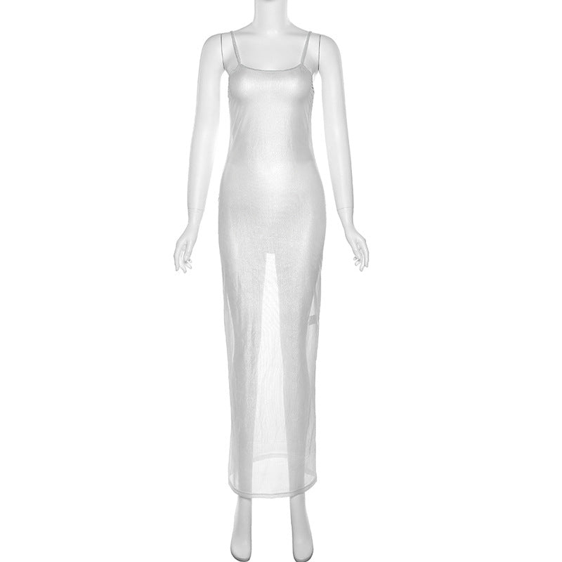 Women Clothing Spring Summer Nightclub Sexy See through Net Silver Slim Strap Dress