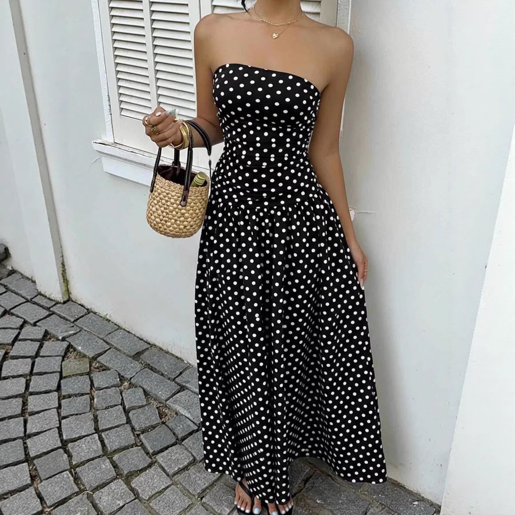 Spring Summer Sexy off the Shoulder Polka Dot A line Elegant Waist Slimming Dress Evening Dress