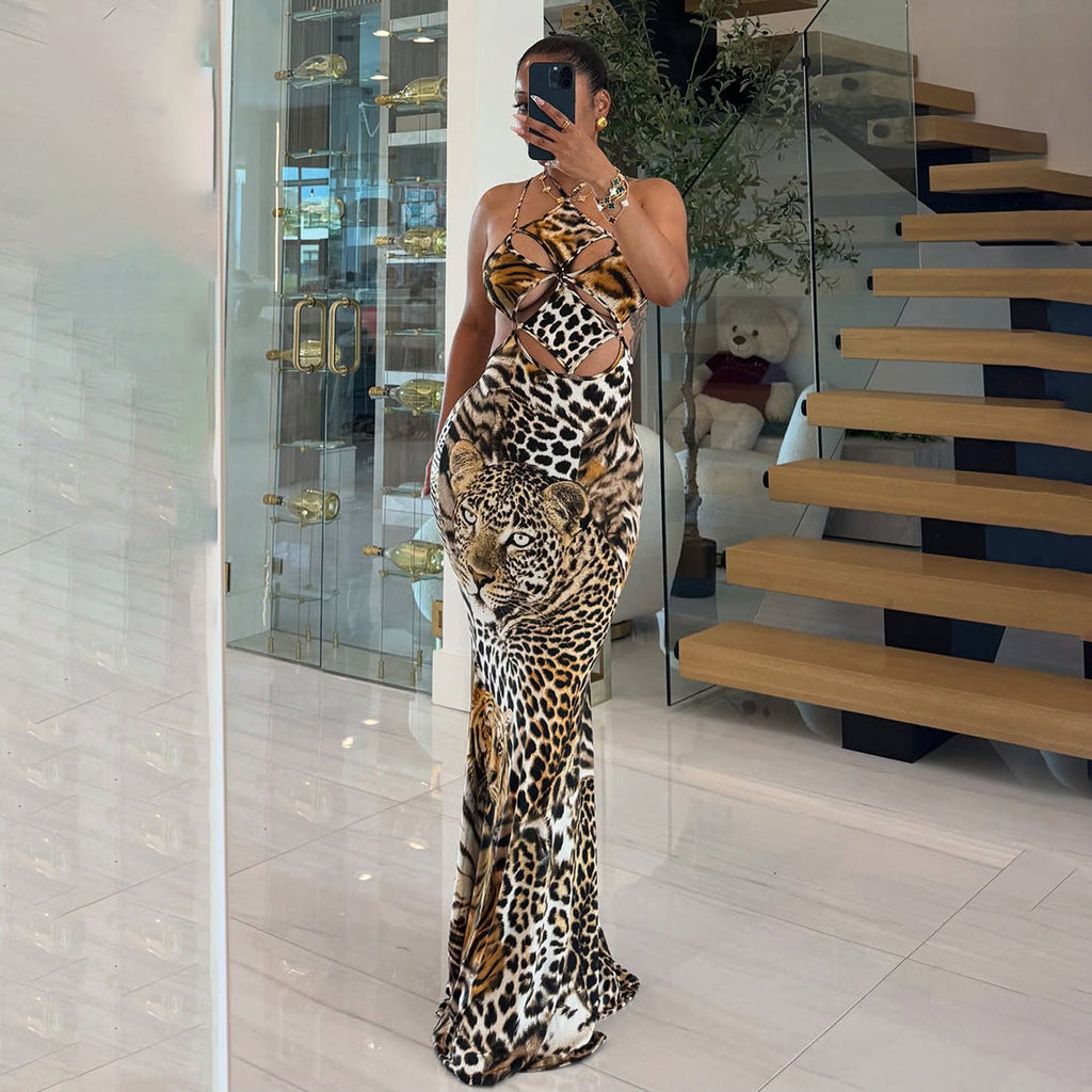 Autumn Winter Women Clothing Halter Lace up Tiger Stripe Pattern Sexy Backless Sheath Dress