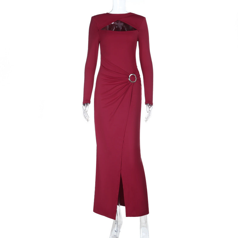 Women Formal Dress Sexy Slim Pleated Hollow Out Cutout Long Sleeve Dress