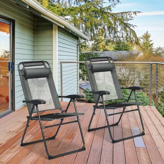 2 Pieces Patio Adjustable Folding Recliner Chairs with 7 Level Adjustable Backrest-Gray