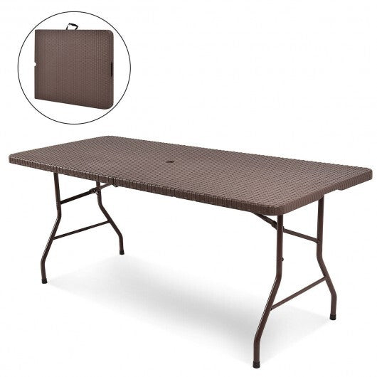 6 Feet Folding Portable Rattan Table with Carrying Handle - Color: Brown
