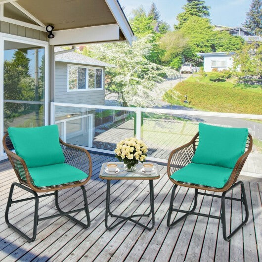 3 Pieces Patio Rattan Bistro Set Cushioned Chair Glass Table Deck-White