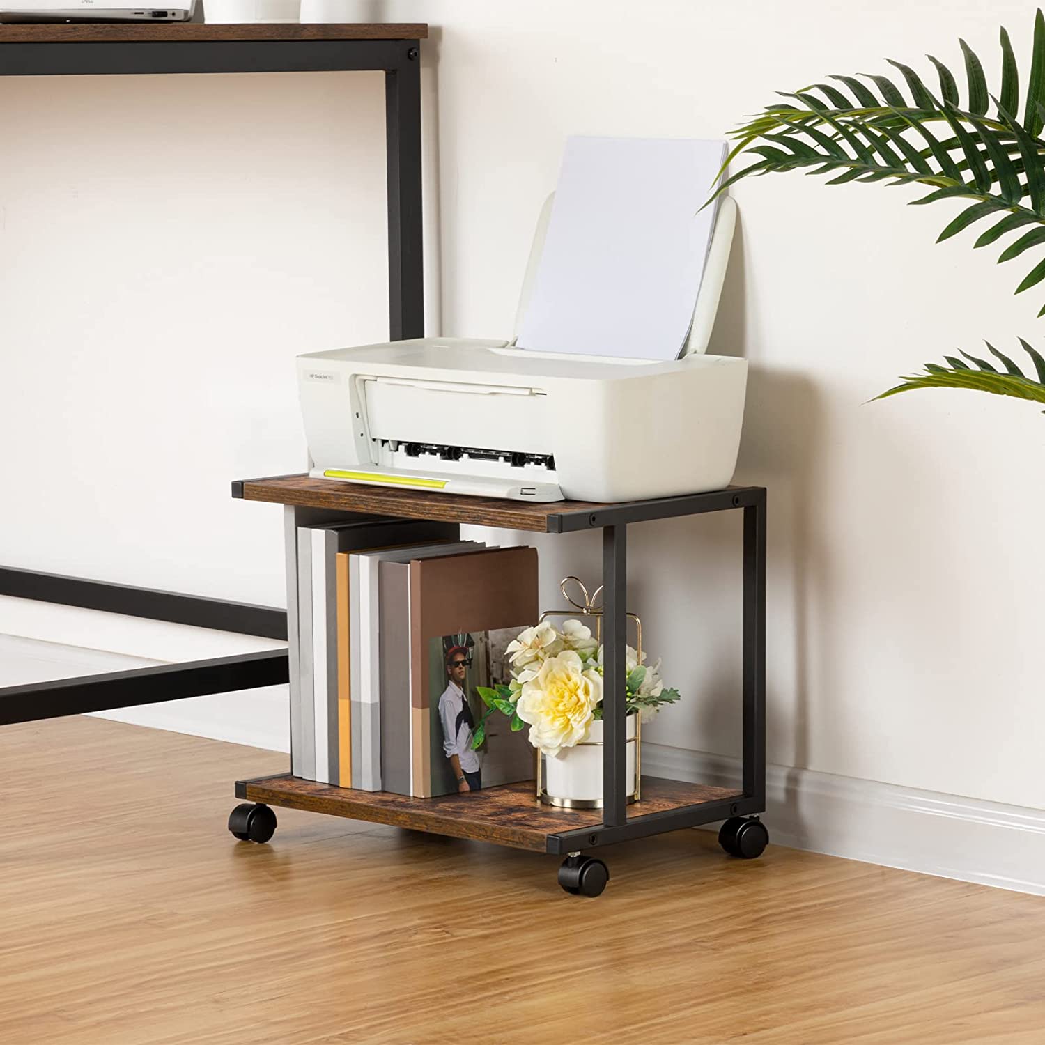 Industrial Printer Stand, 2-Tier Printer Cart with Storage, Under Desk Storage Cart on Wheels