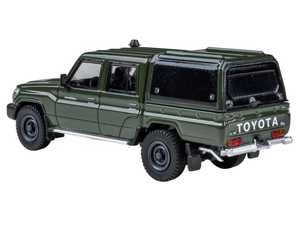 2014 Toyota Land Cruiser LC 79 with Camper Shell Military Green 1/64 Diecast Model Car by Paragon Models