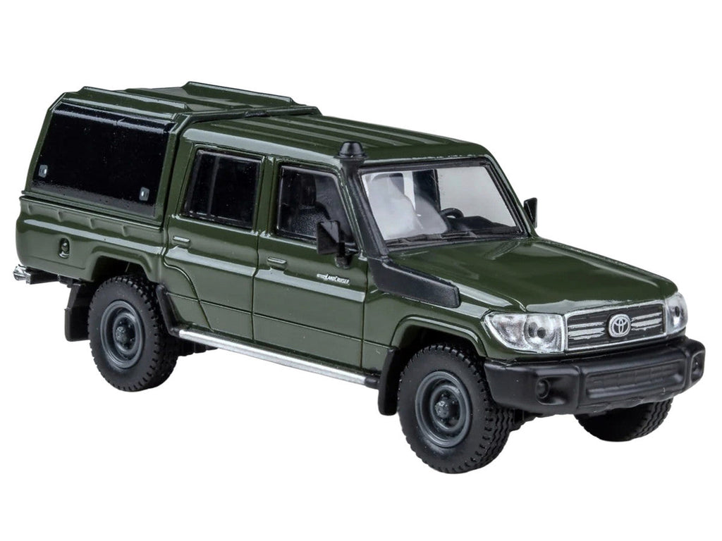 2014 Toyota Land Cruiser LC 79 with Camper Shell Military Green 1/64 Diecast Model Car by Paragon Models