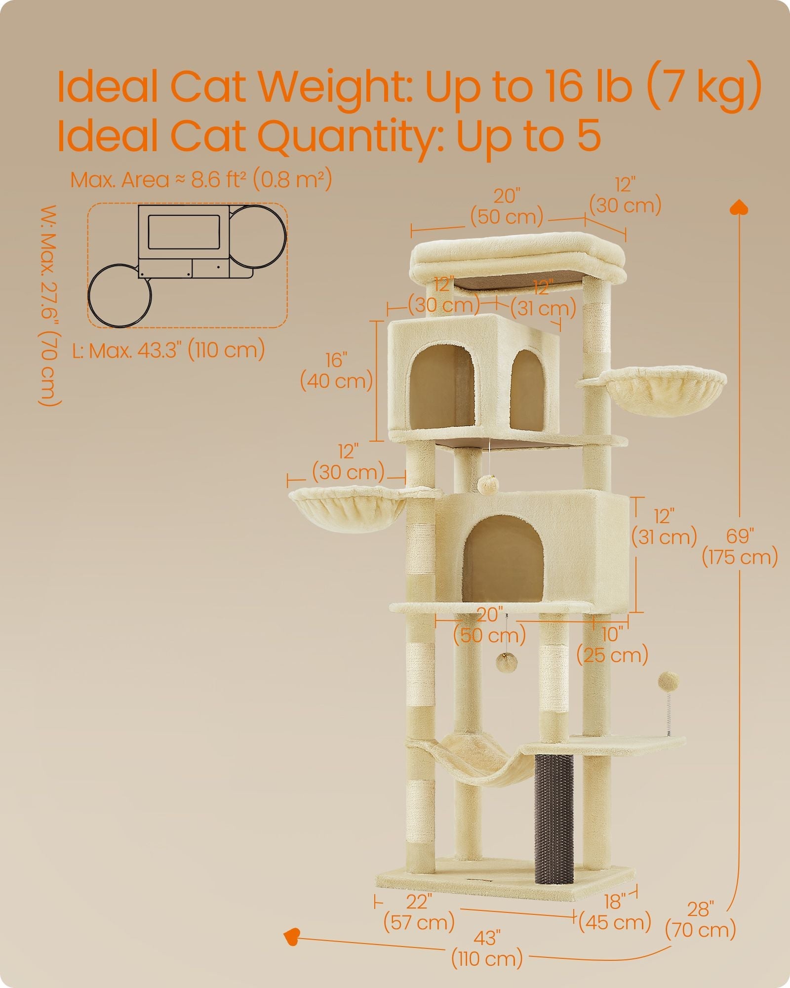 69-Inch Tall Cat Tree for Indoor Cats