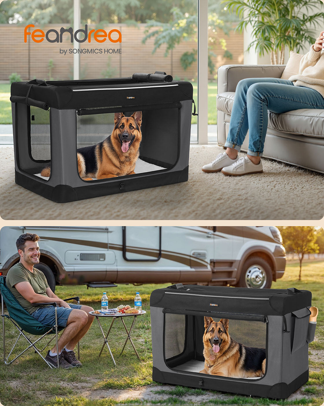 Collapsible Dog Crate 42-Inch 4 Mesh Doors Handles Storage Pocket Ink Black