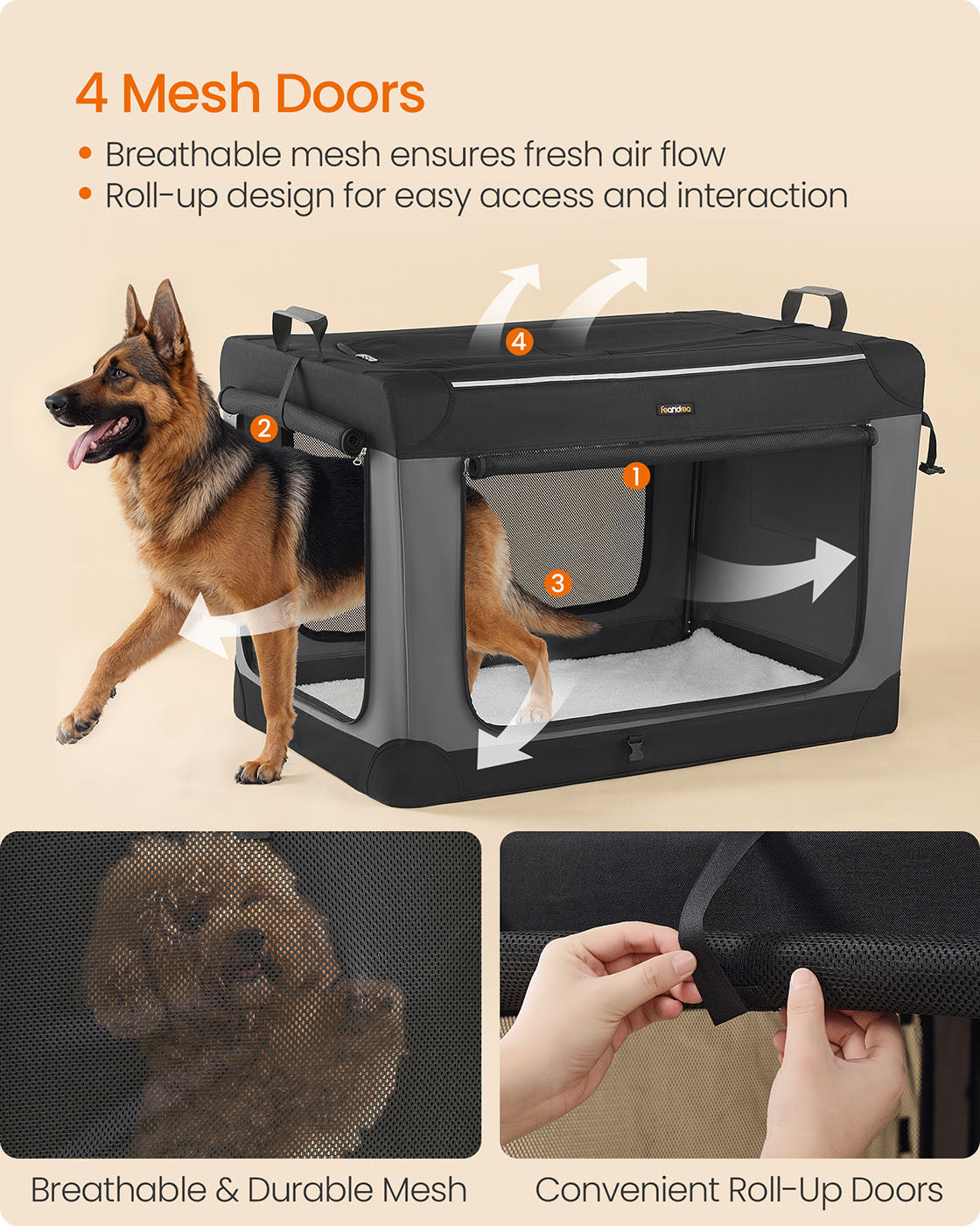 Collapsible Dog Crate 42-Inch 4 Mesh Doors Handles Storage Pocket Ink Black