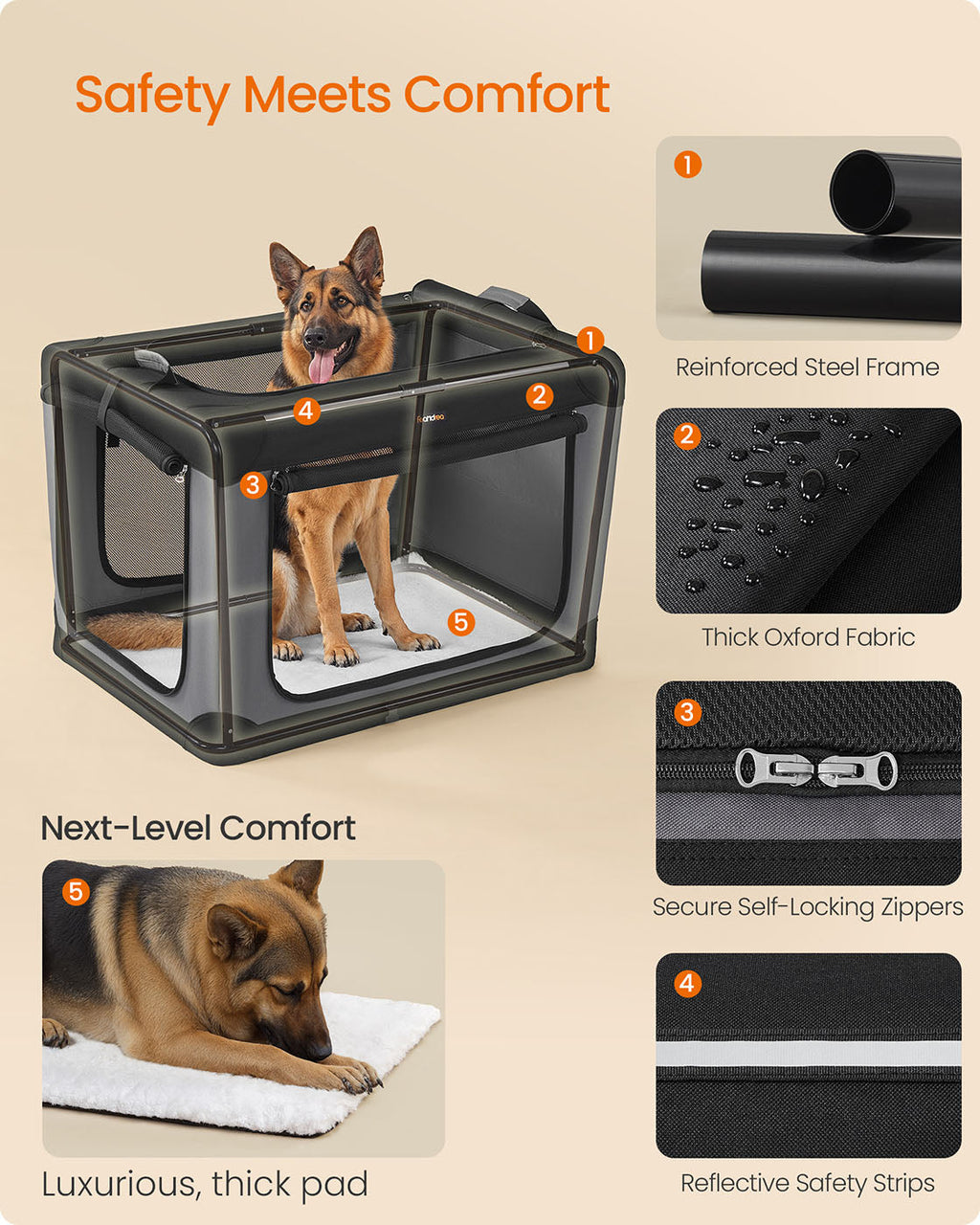 Collapsible Dog Crate 42-Inch 4 Mesh Doors Handles Storage Pocket Ink Black