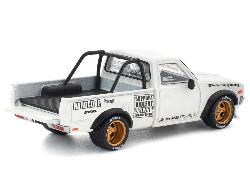Datsun Pandem 620 Pickup Truck "Rocket Bunny Racing" White with Graphics 1/64 Diecast Model Car by Pop Race