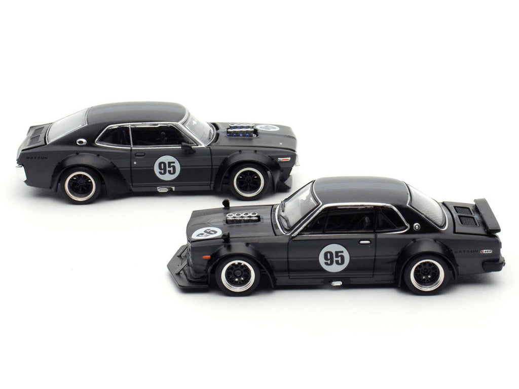 Skyline GT-R V8 Drift "Hakosuka" RHD (Right Hand Drive) #95 Black and Datsun Laurel C130 RHD (Right Hand Drive) Black 2 Car Box Set "Hong Kong Toycar Salon 2025" 1/64 Diecast Model Car by Pop Race