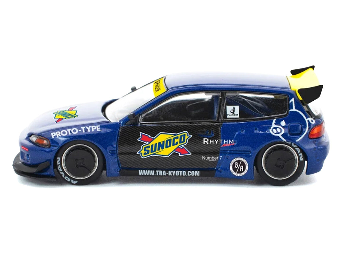 Pandem Civic EG6 RHD (Right Hand Drive) "Sunoco" Blue Metallic with Yellow Accents 1/64 Diecast Model Car by Pop Race