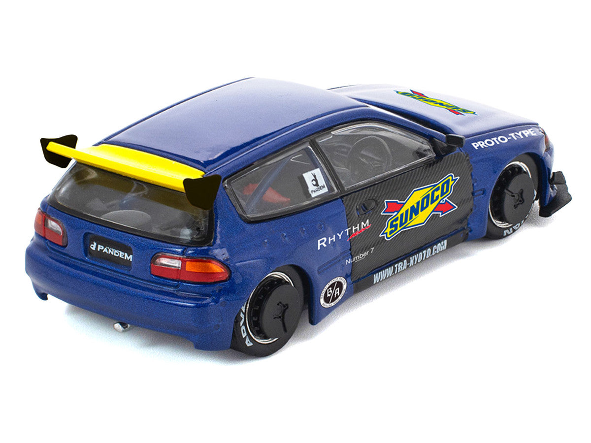 Pandem Civic EG6 RHD (Right Hand Drive) "Sunoco" Blue Metallic with Yellow Accents 1/64 Diecast Model Car by Pop Race