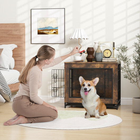 Dog Crate Furniture with Double Lockable Doors and Removable Pull-out Tray-M