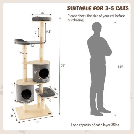 6-Tier Wooden Cat Tree with 2 Removeable Condos Platforms and Perch-Brown