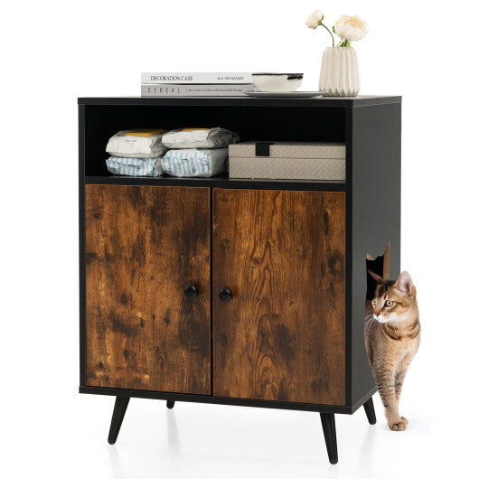 Industrial Cat Litter Box Enclosure with Entry and Open Compartment-Brown