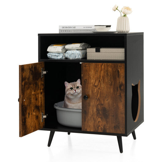 Industrial Cat Litter Box Enclosure with Entry and Open Compartment-Brown