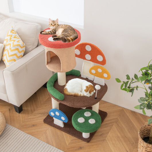 Patended 4-In-1 Mushroom Cat Tree with Condo Spring Ball and Sisal Posts-Multicolor