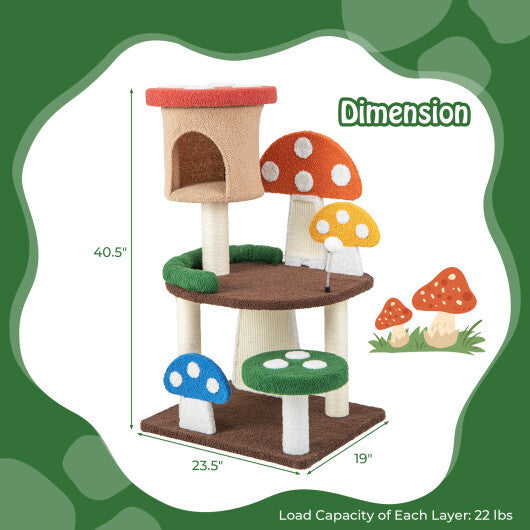 Patended 4-In-1 Mushroom Cat Tree with Condo Spring Ball and Sisal Posts-Multicolor