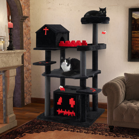 Gothic Cat Tree 49 Inch Tall Cat Tower 6-Tier Cat Activity Center with Coffin Bed-Black - Color: Black