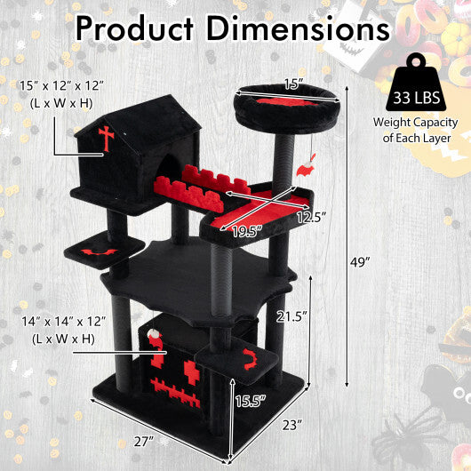 Gothic Cat Tree 49 Inch Tall Cat Tower 6-Tier Cat Activity Center with Coffin Bed-Black - Color: Black