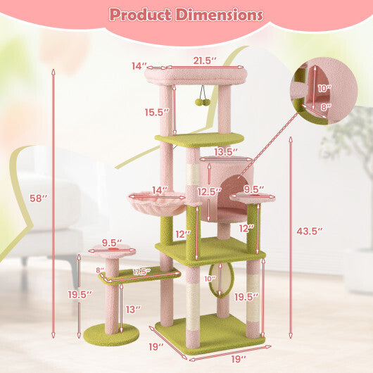 58 Inch Tall Multi-Level Cat Tree Aesthetic Floral Kitten Tower-Pink