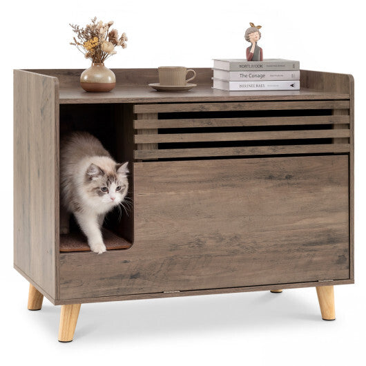 Cat Litter Box Enclosure with Flip-down Opening Door and Scratching Mat-Brown