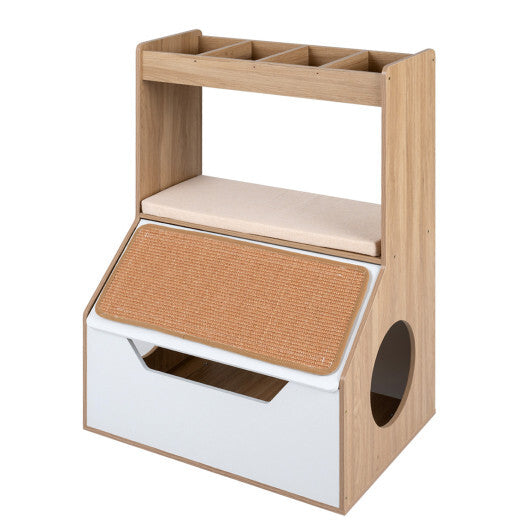 3-in-1 Hidden Cat House Cabinet with 4 Cubbies Removable Cushion and Scratching Pad-Natrual