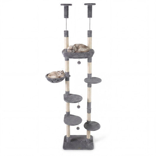 6-tier Floor to Ceiling Cat Tree with Plush Bed and Sisal Scratching Posts-Gray