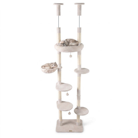 6-tier Floor to Ceiling Cat Tree with Plush Bed and Sisal Scratching Posts-Gray