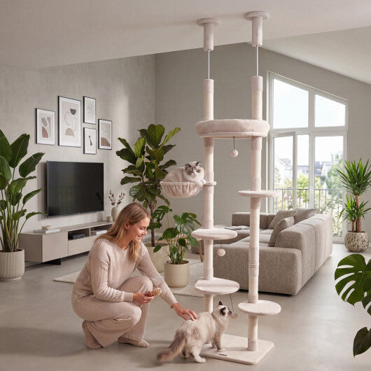 6-tier Floor to Ceiling Cat Tree with Plush Bed and Sisal Scratching Posts-Gray