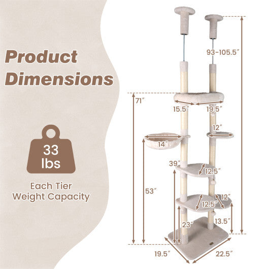 6-tier Floor to Ceiling Cat Tree with Plush Bed and Sisal Scratching Posts-Gray