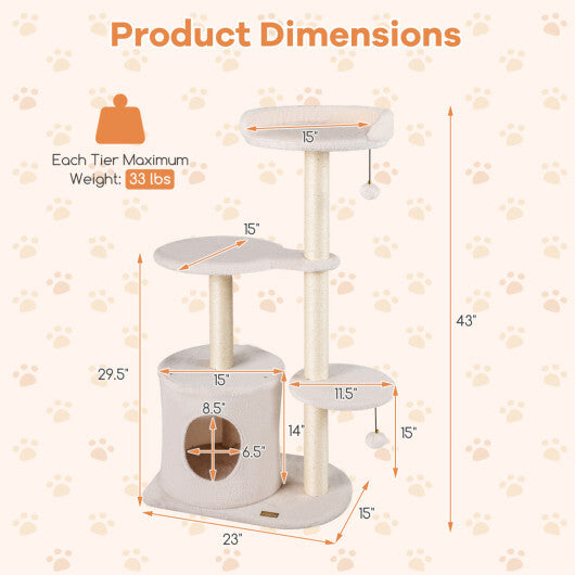 43" Cat Tree for Indoor Cats with Comfy Plush Perches and Sisal Scratching Posts-Gray