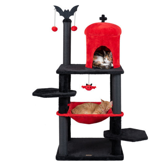 51" Gothic Multi-level Cat Tree with Spider Hanging Toy for Black Halloween-Red