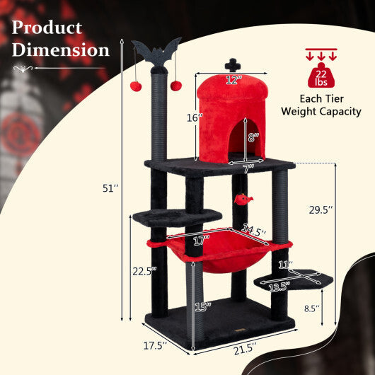 51" Gothic Multi-level Cat Tree with Spider Hanging Toy for Black Halloween-Red