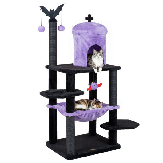 51" Gothic Multi-level Cat Tree with Spider Hanging Toy for Black Halloween-Red
