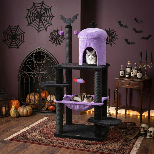 51" Gothic Multi-level Cat Tree with Spider Hanging Toy for Black Halloween-Red