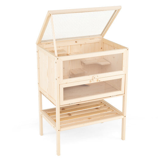 31.5 Inches Freestanding Hamster Cage Wooden Hamster Habitat Playpen-Natural