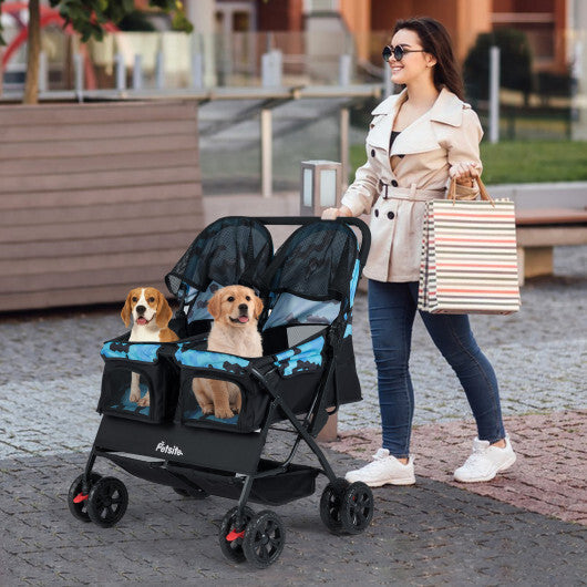 Foldable Double Pet Stroller with Adjustable Sunshade and Storage Basket-Gray